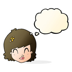 cartoon happy female face with thought bubble