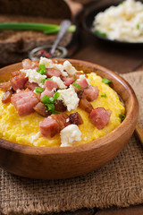 Banosh - Ukrainian Hutsul meal (maize porridge) with bacon, cracklings and cheese