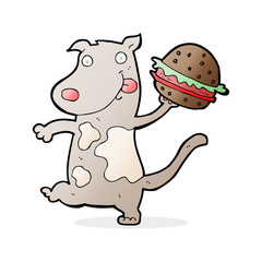 cartoon hungry dog with burger
