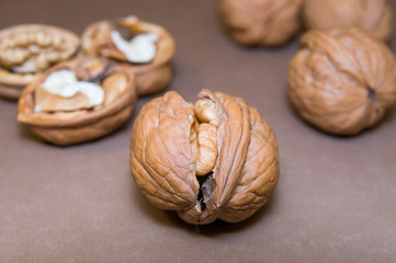 Cracked walnut in the middle on blurred background (gray shade)