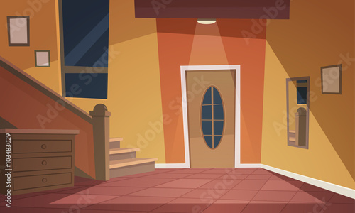 "Cartoon illustration of retro style house hallway." 스톡 이미지, 로열티프리 벡터
