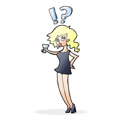 cartoon confused woman with drink