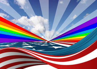 american flag background with sky rays and rainbow 