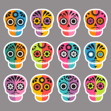 colorful patterned skull set, Mexican day of the dead stickers