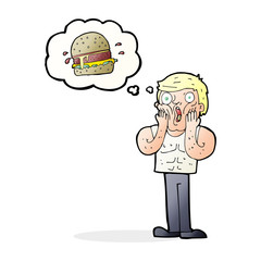 cartoon shocked man thinking about junk food