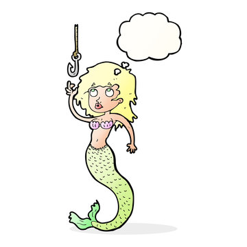 cartoon mermaid and fish hook with thought bubble