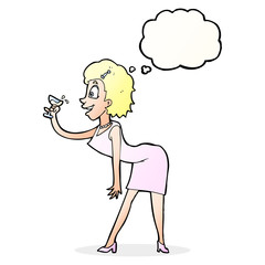 cartoon woman with drink with thought bubble