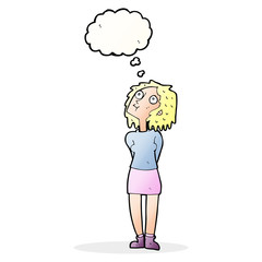 cartoon curious woman with thought bubble