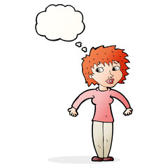 cartoon woman shrugging shoulders with thought bubble