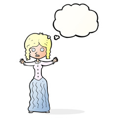 cartoon worried victorian woman with thought bubble