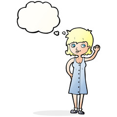 cartoon pretty woman waving with thought bubble