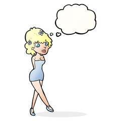 cartoon woman posing in dress with thought bubble