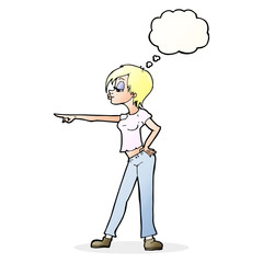 cartoon woman pointing with thought bubble
