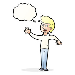 cartoon man waving with thought bubble
