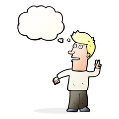 cartoon man making peace sign with thought bubble