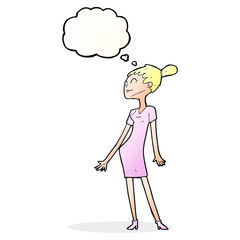cartoon woman in dress with thought bubble