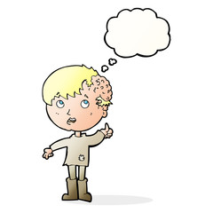 cartoon boy with growth on head with thought bubble