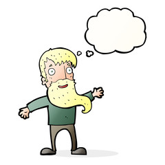 cartoon man with beard waving with thought bubble