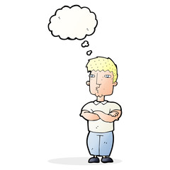 cartoon man with crossed arms with thought bubble