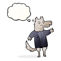 cartoon wolf businessman with thought bubble