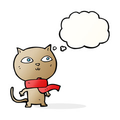 cartoon funny cat wearing scarf with thought bubble