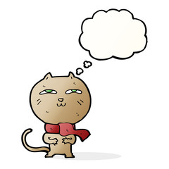 cartoon funny cat wearing scarf with thought bubble