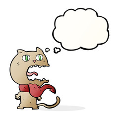 cartoon frightened cat with thought bubble
