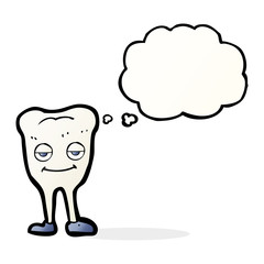 cartoon happy tooth with thought bubble