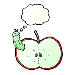 cartoon bug eating apple with thought bubble