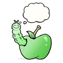 cartoon bug eating apple with thought bubble