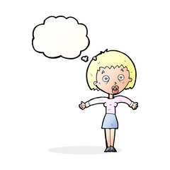 cartoon woman shrugging shoulders with thought bubble