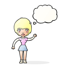 cartoon waving woman with thought bubble
