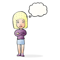 cartoon woman with crossed arms with thought bubble