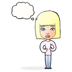 cartoon woman indicating self with thought bubble