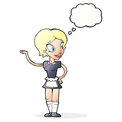 cartoon woman in maid costume with thought bubble