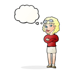 cartoon woman with crossed arms and safety goggles with thought