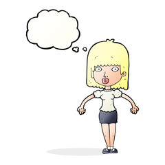 cartoon woman shrugging shoulders with thought bubble