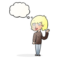 cartoon waving woman with thought bubble