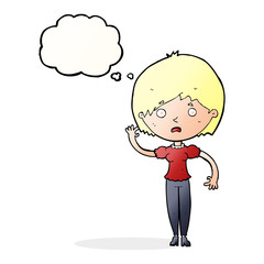 cartoon waving woman with thought bubble