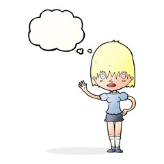 cartoon waving woman with thought bubble