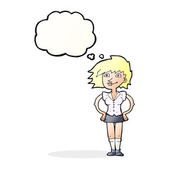 cartoon woman with hands on hips with thought bubble