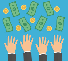Hands trying to reach money. Need for money concept. Reaching hands with falling money bills and golden coins. Flat design