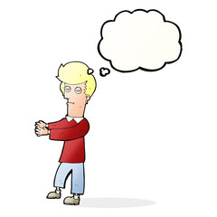 cartoon bored man showing the way with thought bubble
