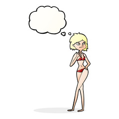 cartoon woman in bikini with thought bubble