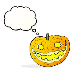 cartoon spooky pumpkin with thought bubble
