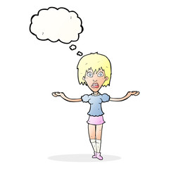 cartoon woman shrugging shoulders with thought bubble