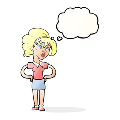 cartoon woman with hands on hips with thought bubble