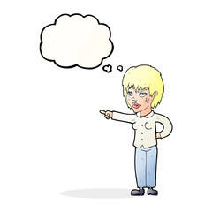 cartoon woman pointing with thought bubble