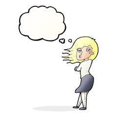 cartoon woman making photo face with thought bubble