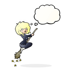 cartoon witch riding broomstick with thought bubble